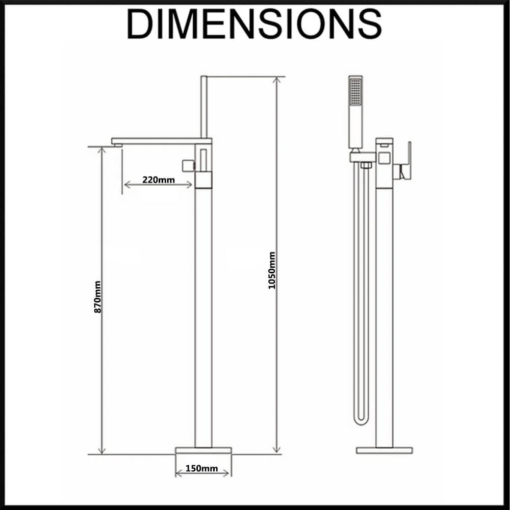 Quadro Floor Standing Bath Spout/Mixer and Hand Shower Unit Dimensions