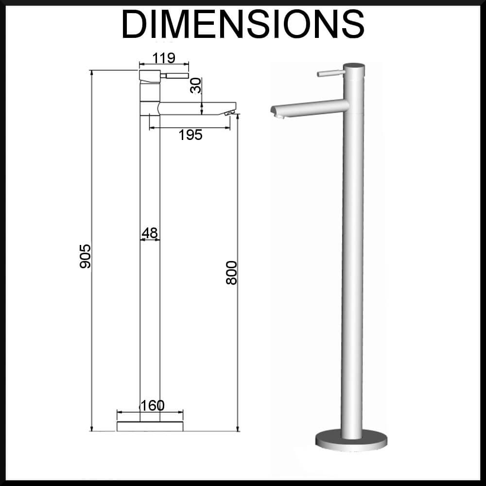 Molla Floor Standing Bath Mixer with Swivel Spout dimensions