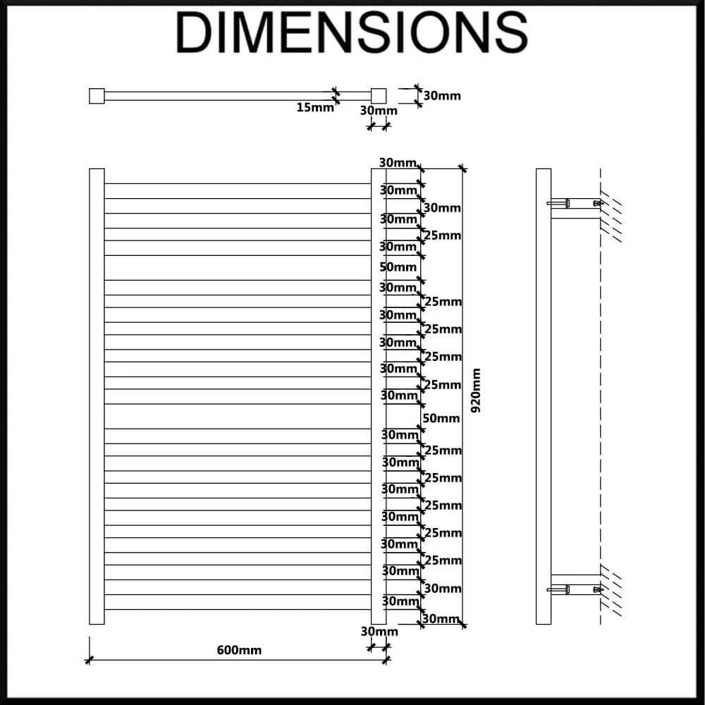 EZY FIT Heated Towel Rail - Flat Tube - Dual Wired - (W600mm x H920mm) -Dimensions