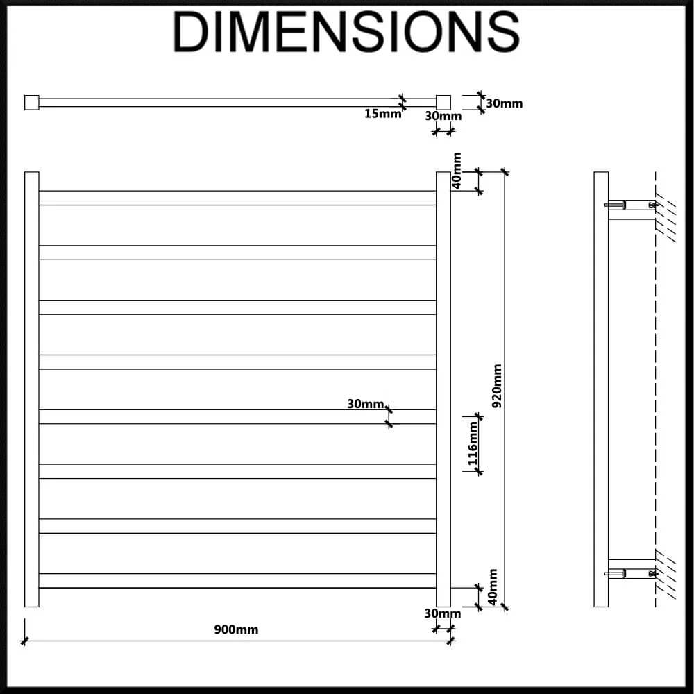 EZY FIT Heated Towel Rail - Flat Tube - Dual Wired - (W900mm x H920mm)Dimensions
