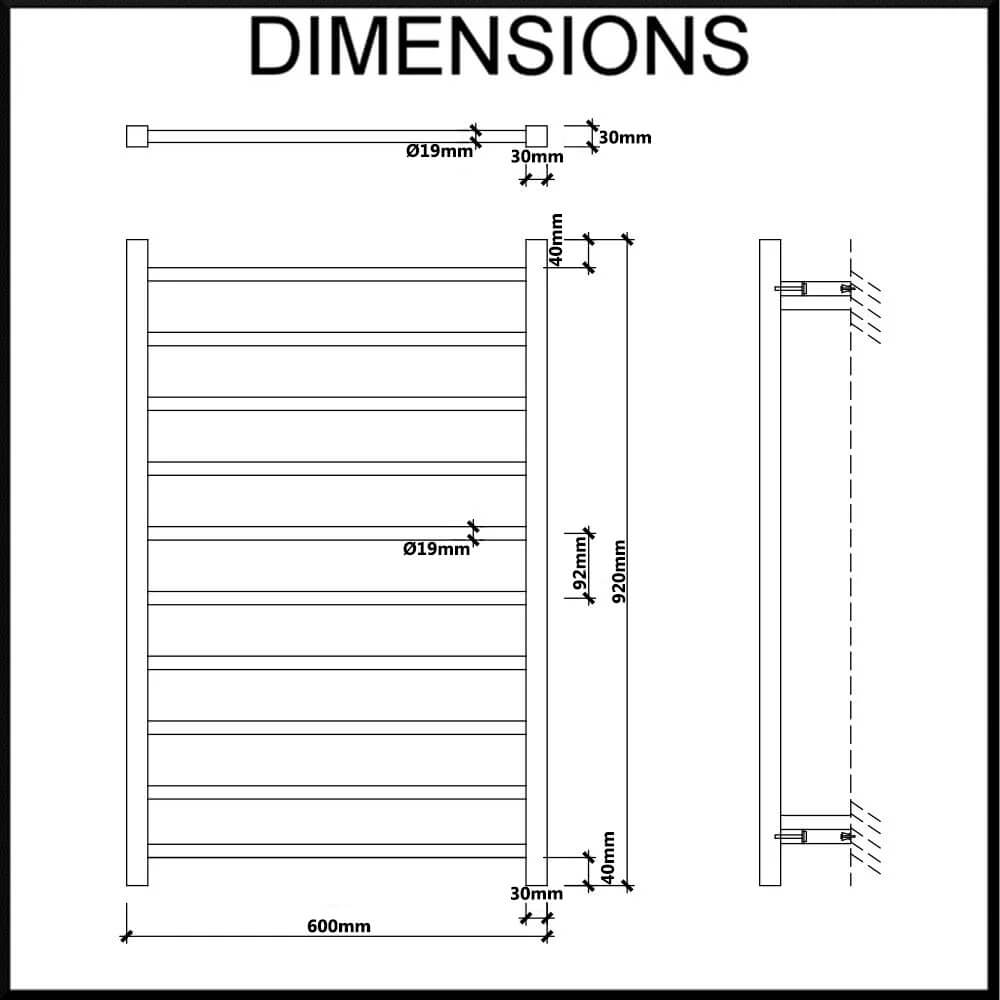 EZY FIT Heated Towel Rail - Square Tube - Dual Wired - (W600mm x H920mm)Dimensions