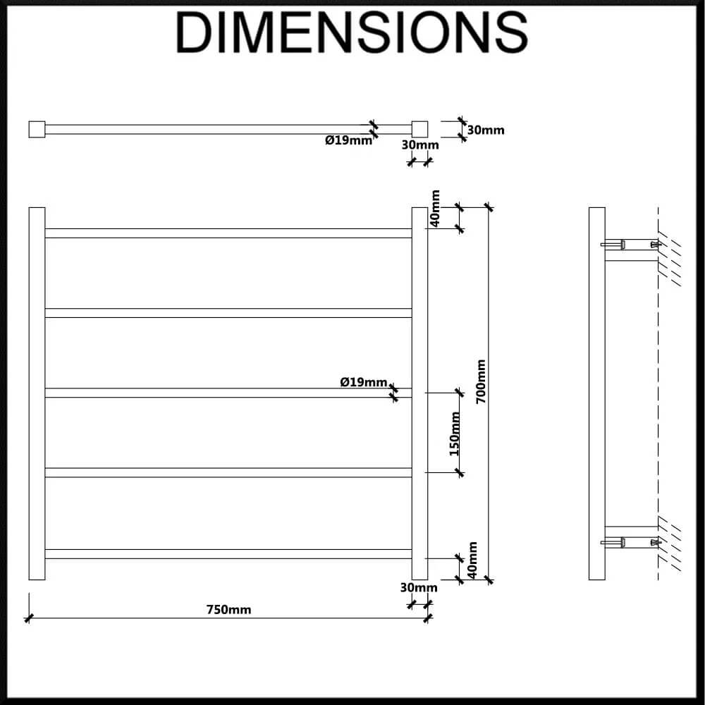 EZY FIT Heated Towel Rail - Square Tube - Dual Wired - (W750mm x H700mm)Dimensions