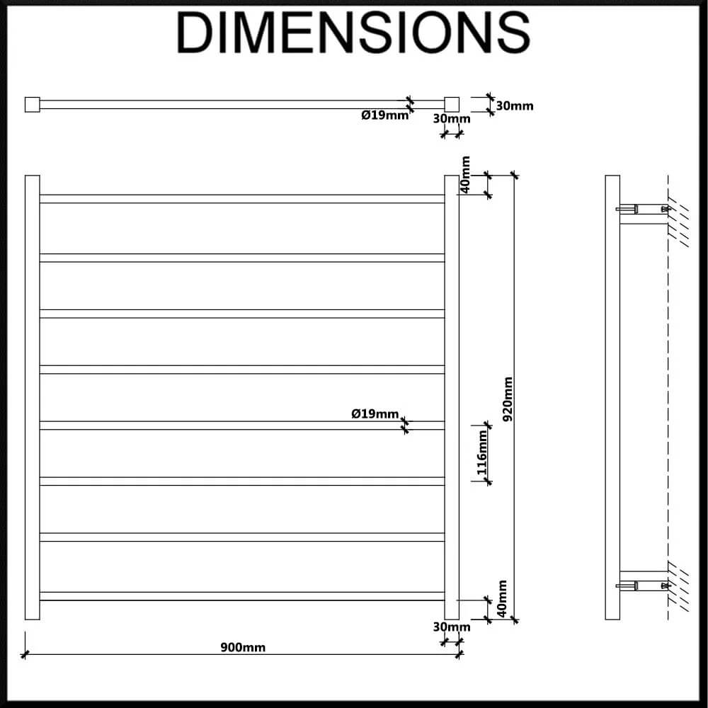 EZY FIT Heated Towel Rail - Square Tube - Dual Wired - (W900mm x H920mm) - Dimensions