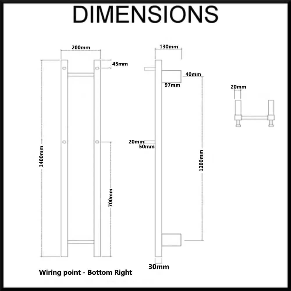 EZY FIT Heated Towel Rail - Double Vertical Square Tube - Bottom Wired Dimensions