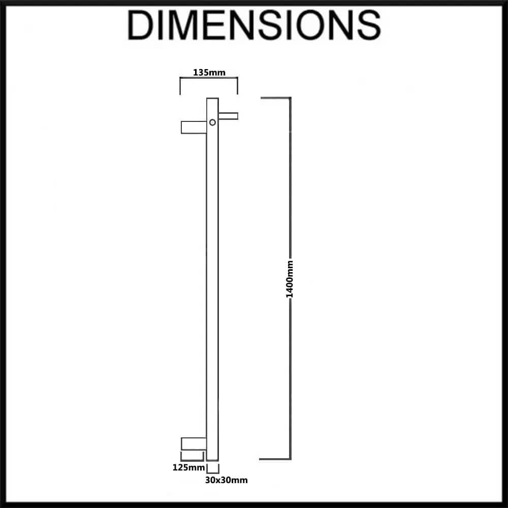 EZY FIT Heated Towel Rail - Single Vertical Square Tube - Bottom Wired - (H1400mm) - Dimensions