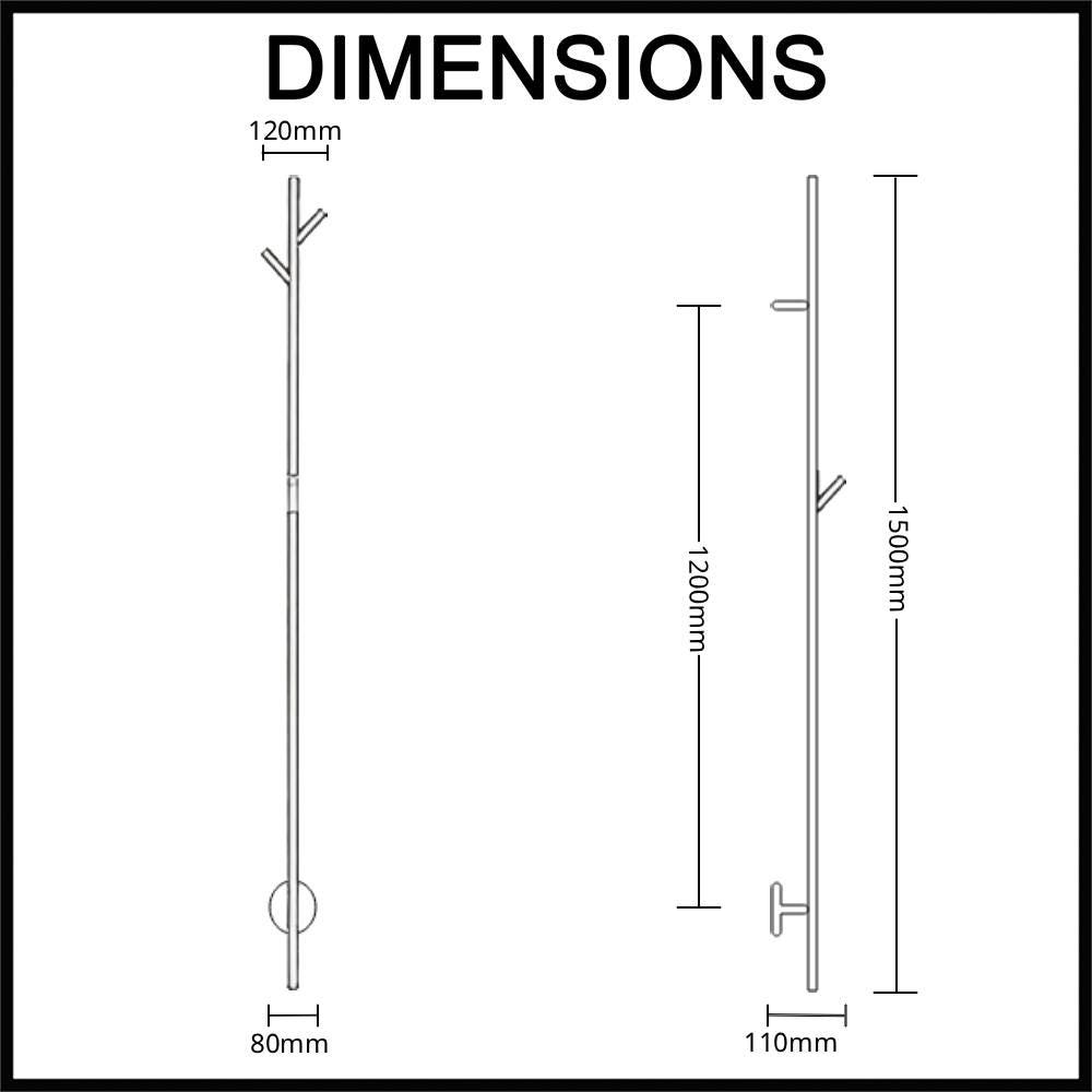EZY FIT Heated Towel Rail - Single Vertical Round Tube - Tree Style - (H1500mm) - Dimensions
