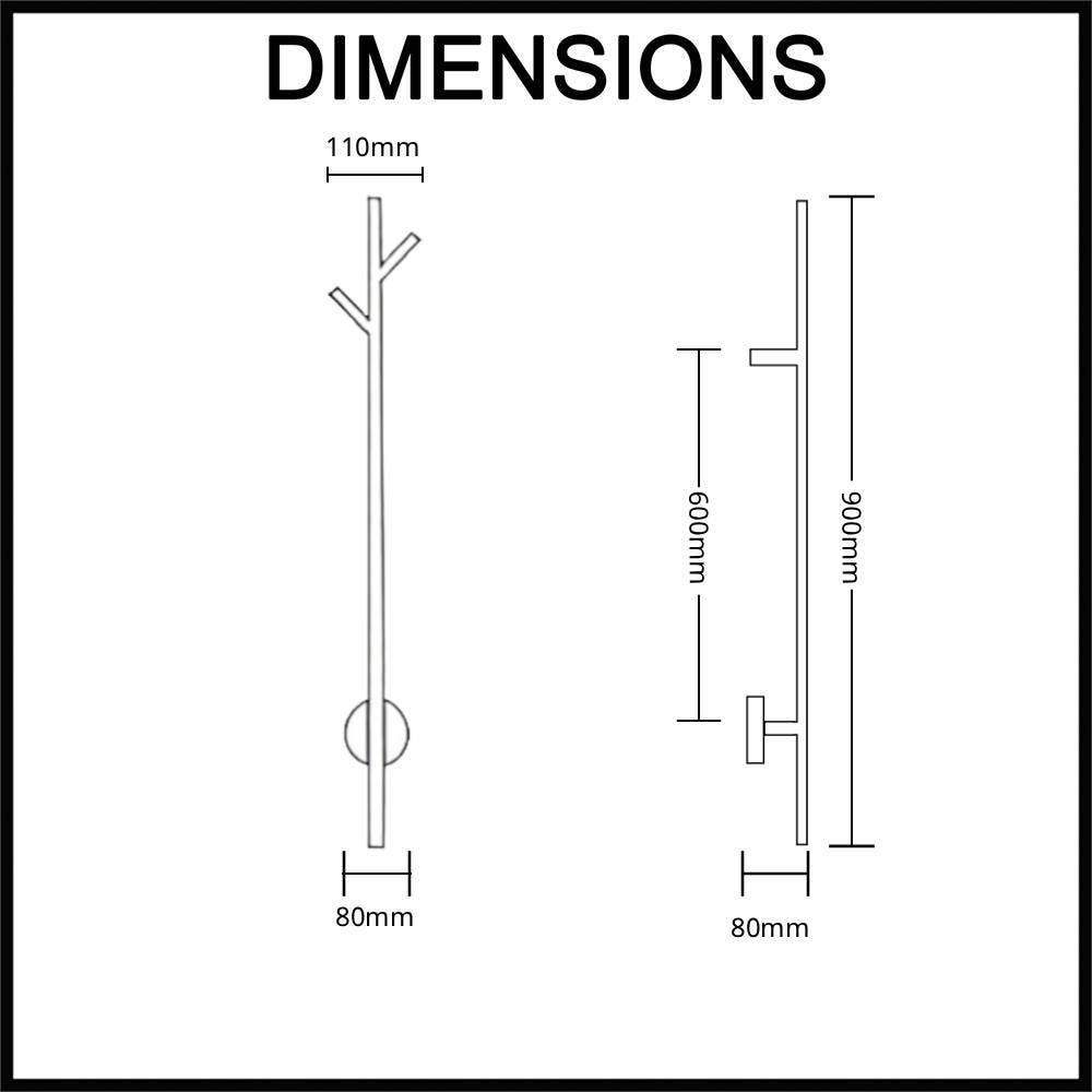 EZY FIT Heated Towel Rail - Single Vertical Round Tube - Tree Style - (H900mm) - Dimensions