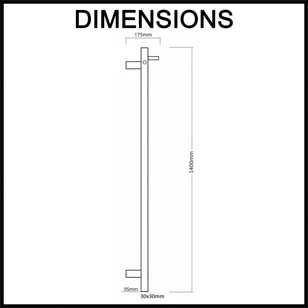 EZY FIT Heated Towel Rail - Single Vertical Square Tube - Bottom Wired - (H1400mm) - Dimensions