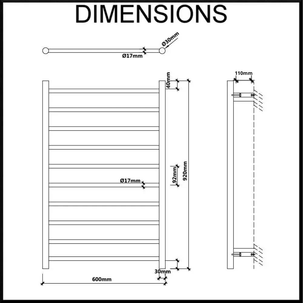 750mm wide heated towel rail dimensions
