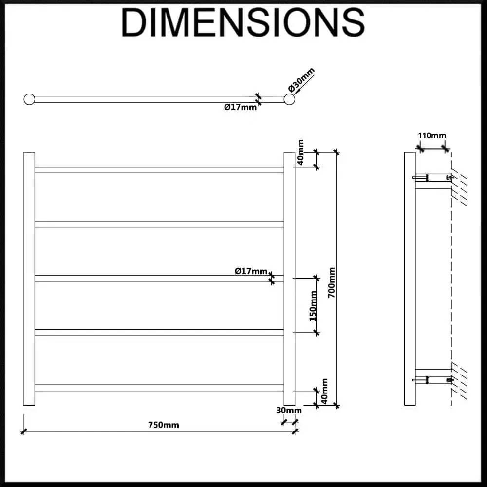 750mm wide heated towel rail dimensions