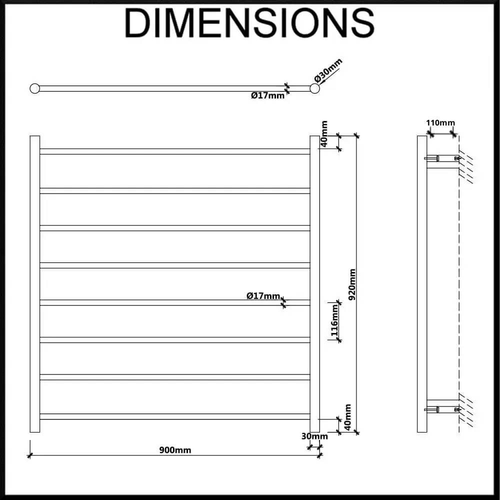 EZY FIT Heated Towel Rail - Round Tube - Dual Wired - (W900mm x H920mm)Dimensions