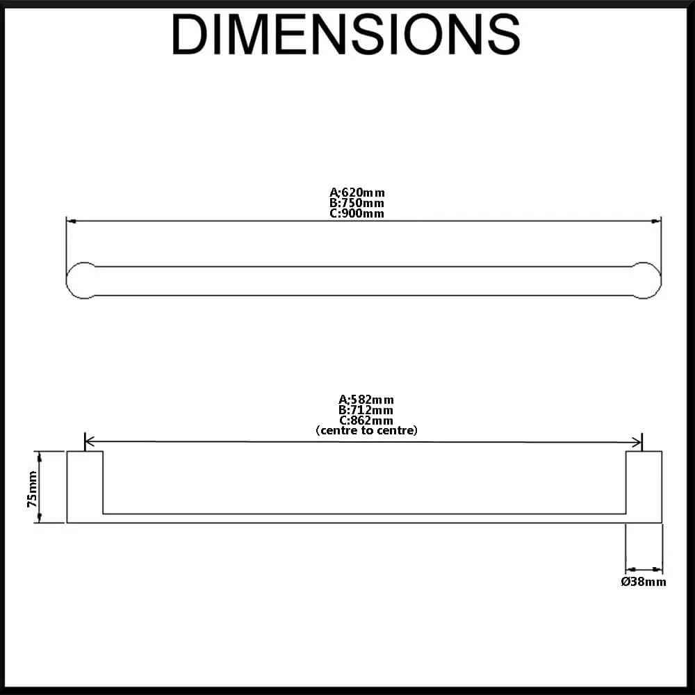 Pearl Stainless Steel Single Towel Rail - 620mm/750mm/900mm-Dimensions