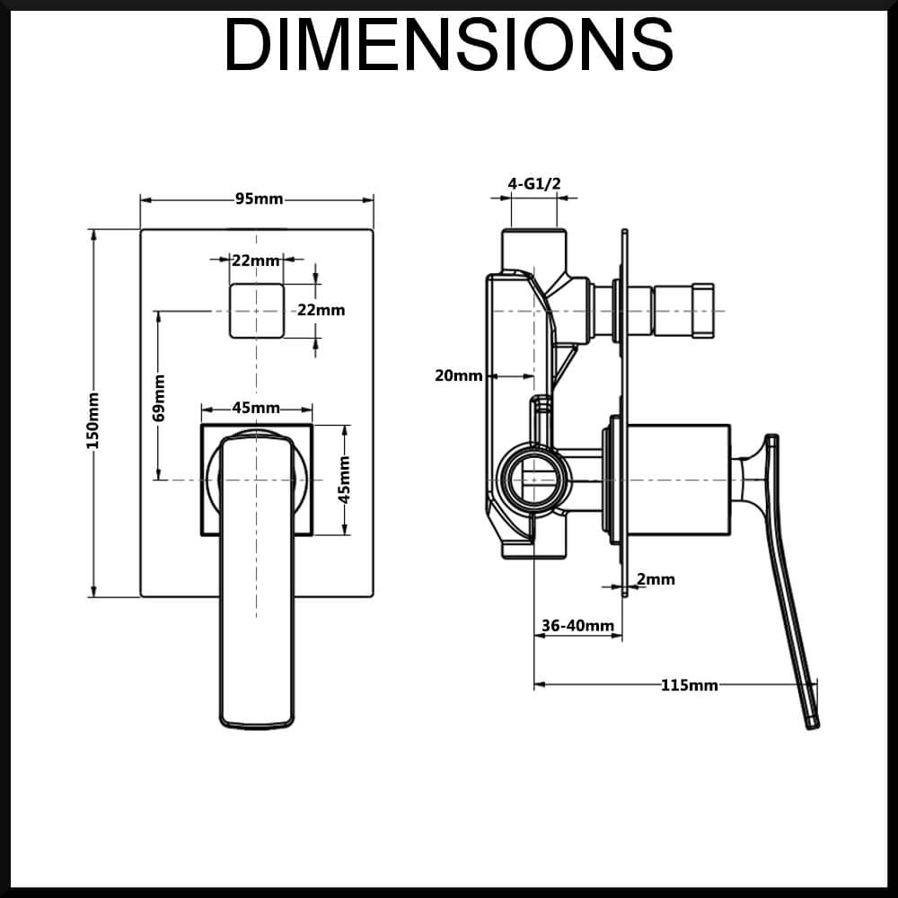 Cortina Wall Mounted Bath and Shower Mixer with Diverter Dimensions
