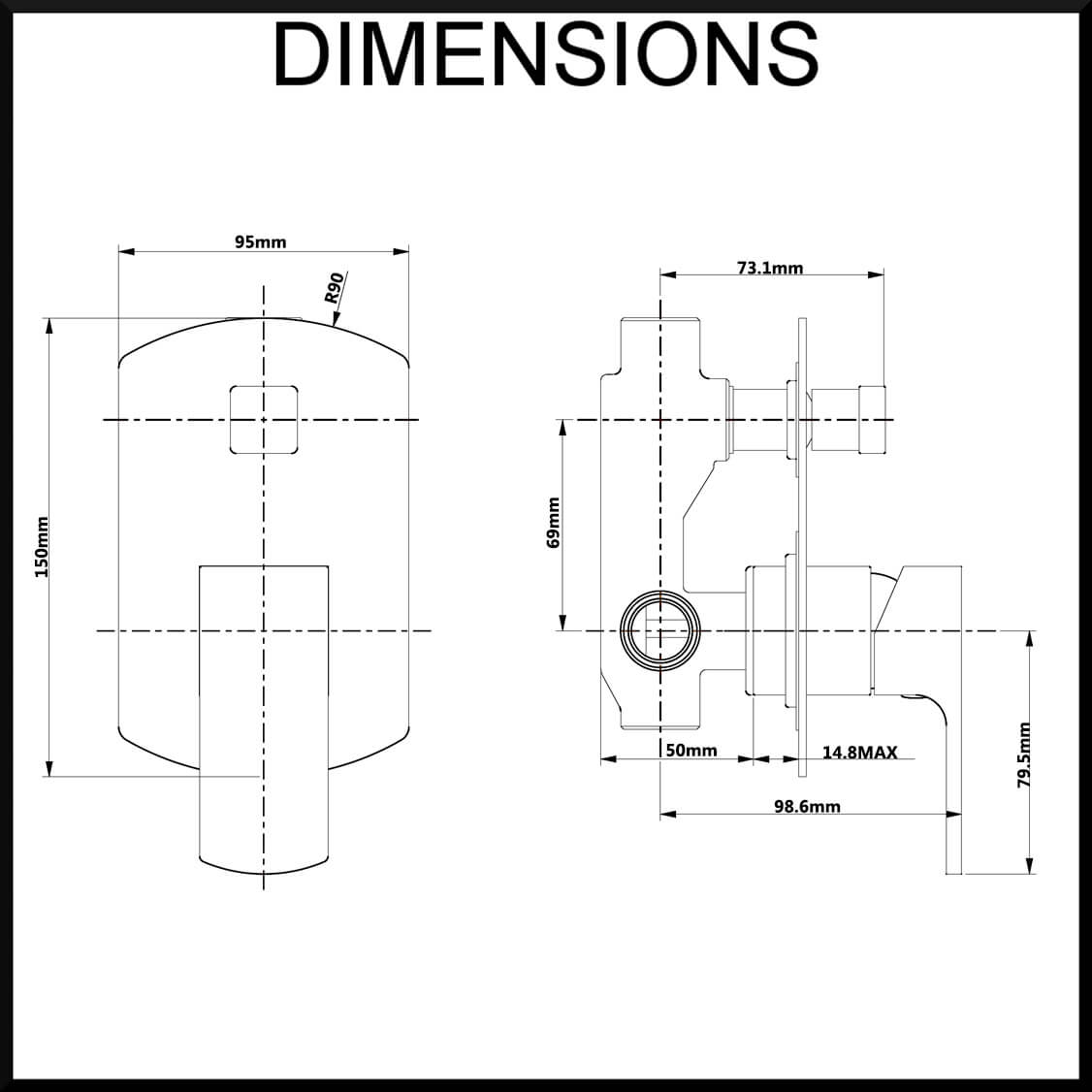 Terrus Wall Mounted Bath and Shower Mixer with Diverter Dimensions