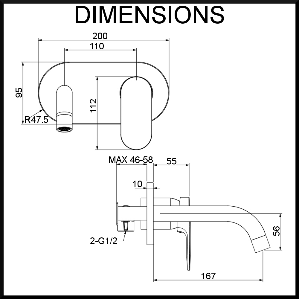 Vale Symphony Wall Mixer and Spout Dimensions