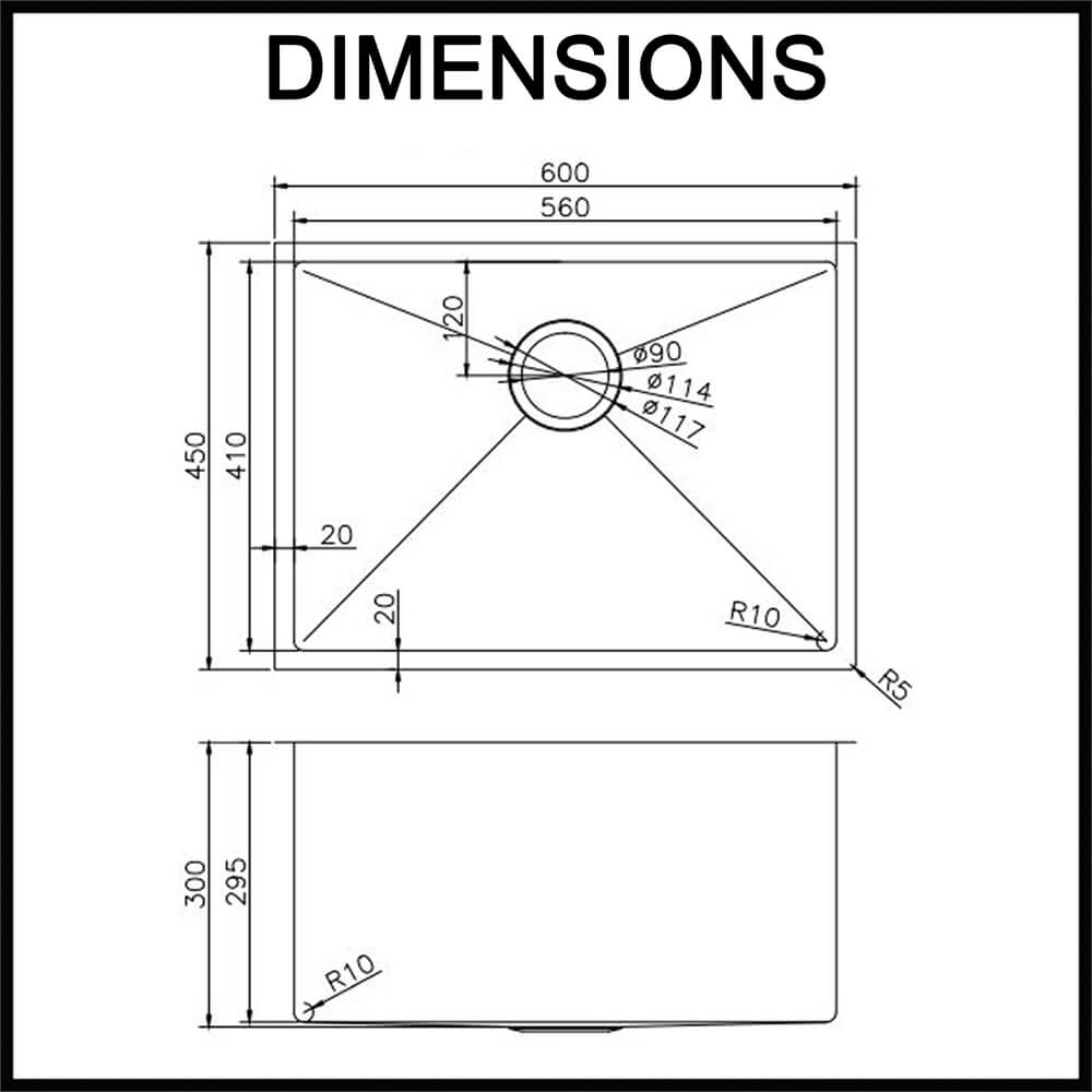 600mm deep single bowl dimensions