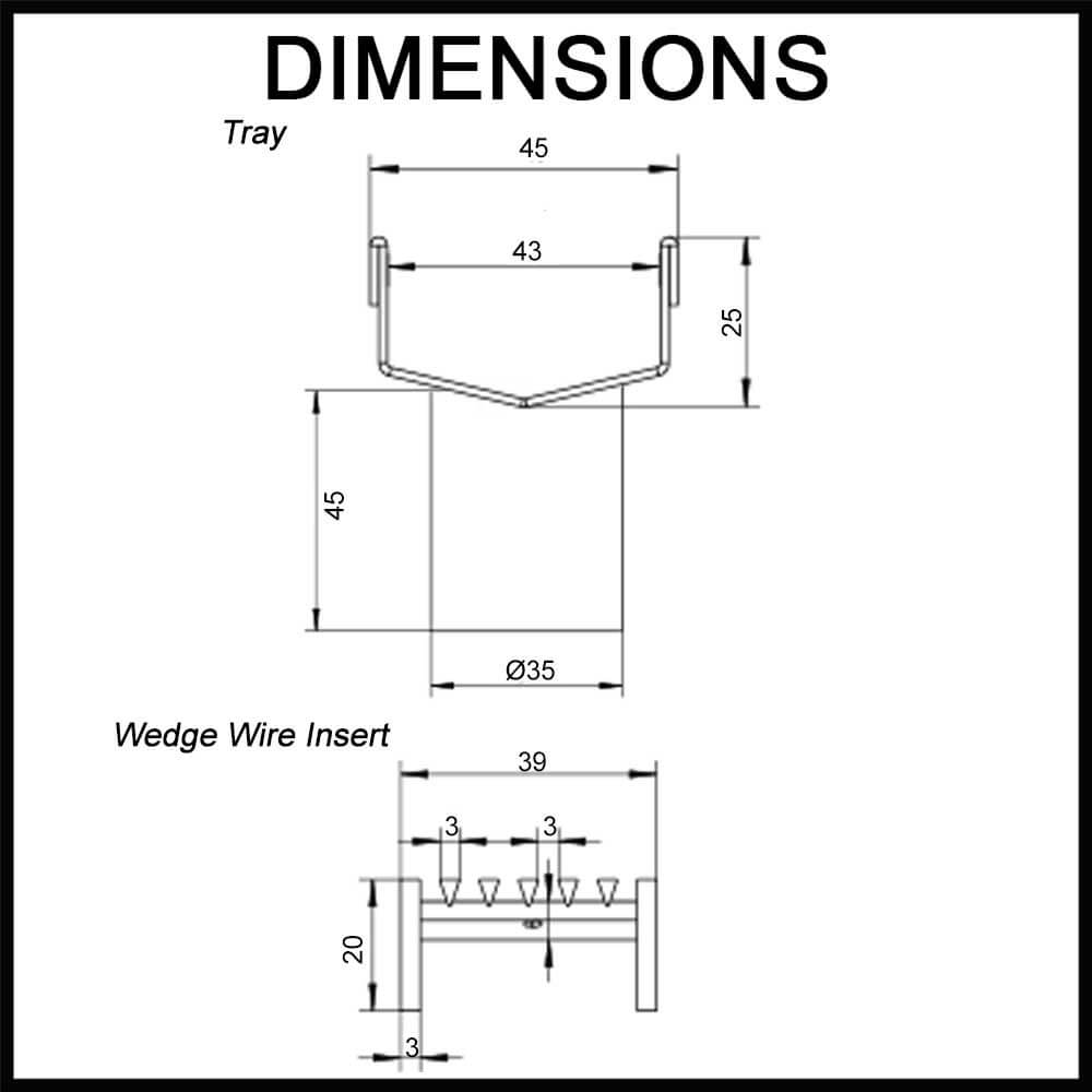 Outdoor Low Profile Linear Grate - Slim Wedge Wire / Heel Guard Style - 45mm - Matte Black Dimensions