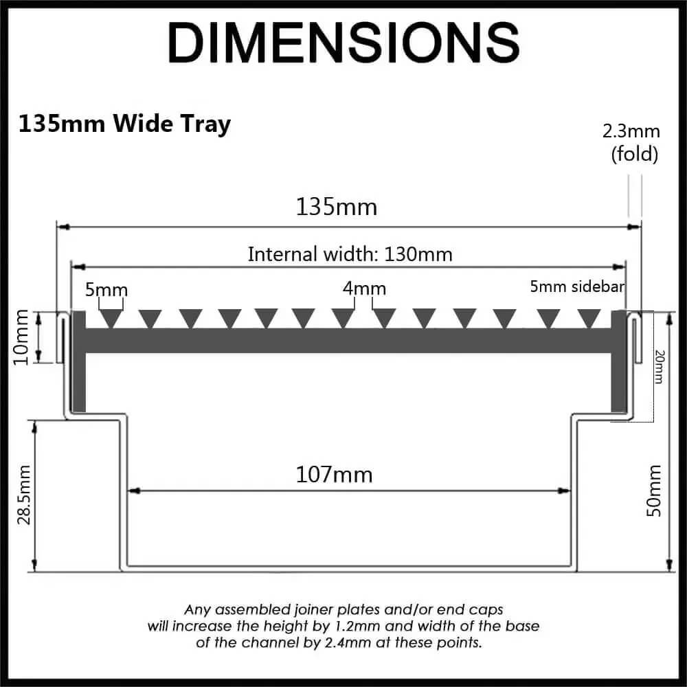 Outdoor Landscape Pool Drainage Channel 4mm Gaps - Tray and Grate - Wedge Wire / Heel Guard Style Heavy Duty with Anti Slip - 135mm Wide - Dimensions