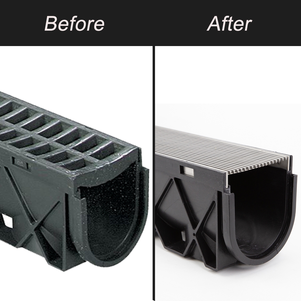 Plastic drainage channel with premium metal tray