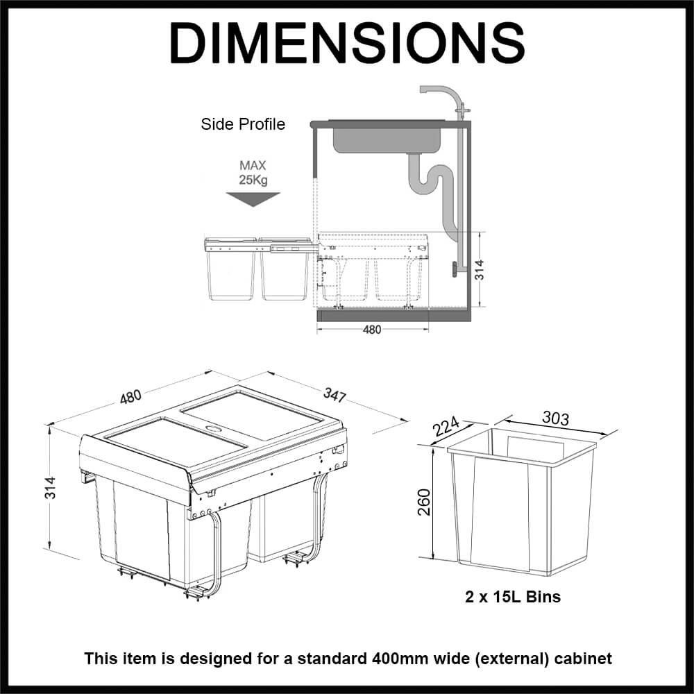2 x 15 litre compartments low profile waste bins