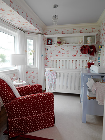 nursery with red white and soft blue
