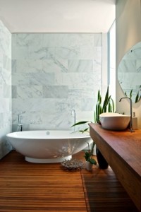 white bath on timber floor