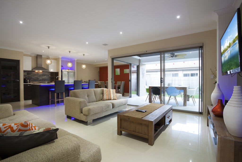 Stylish home interior with LED lights and outdoor table