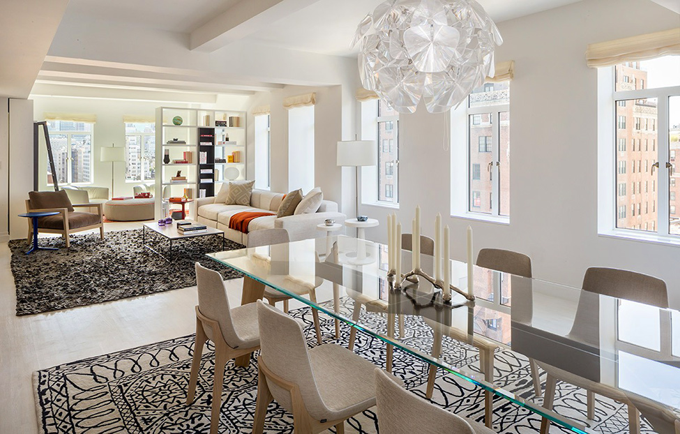 Stylish-Apartment-Interior-with-Fabulous-Open-Floor-Plan-Idea-Intriguing-Pendant-Lamp-Stunning-Glass-Dining-Table-Cozy-Seating-Mesmerizing-Area-Rug-Airy-Glass-Window-Interesting-Showcase