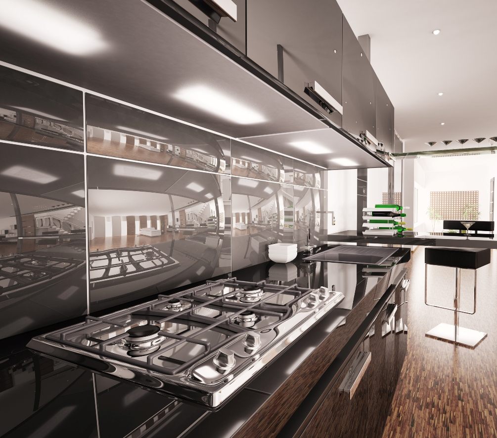 Interior of modern black kitchen with gas cooker 3d render