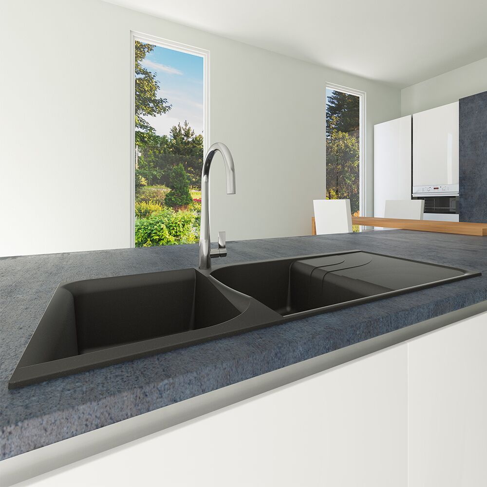 twin bowl black granite sink with drainer in black and white kitchen trends