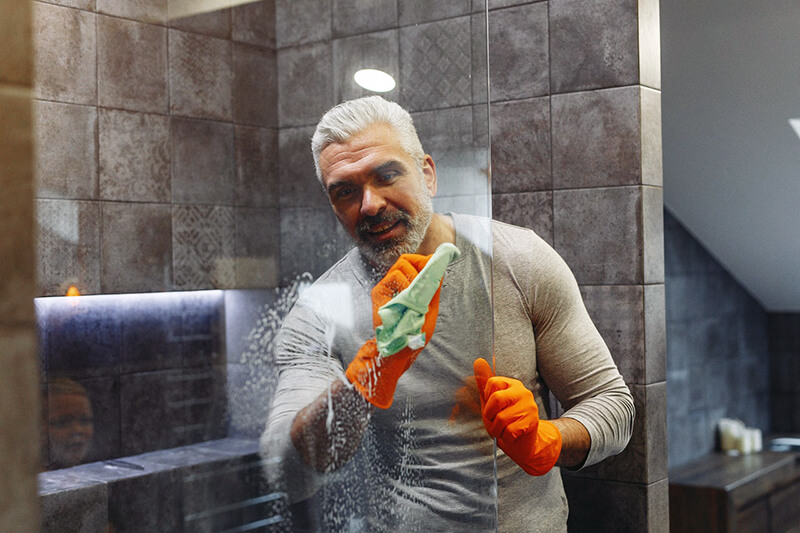 man cleaning bathroom shower screen