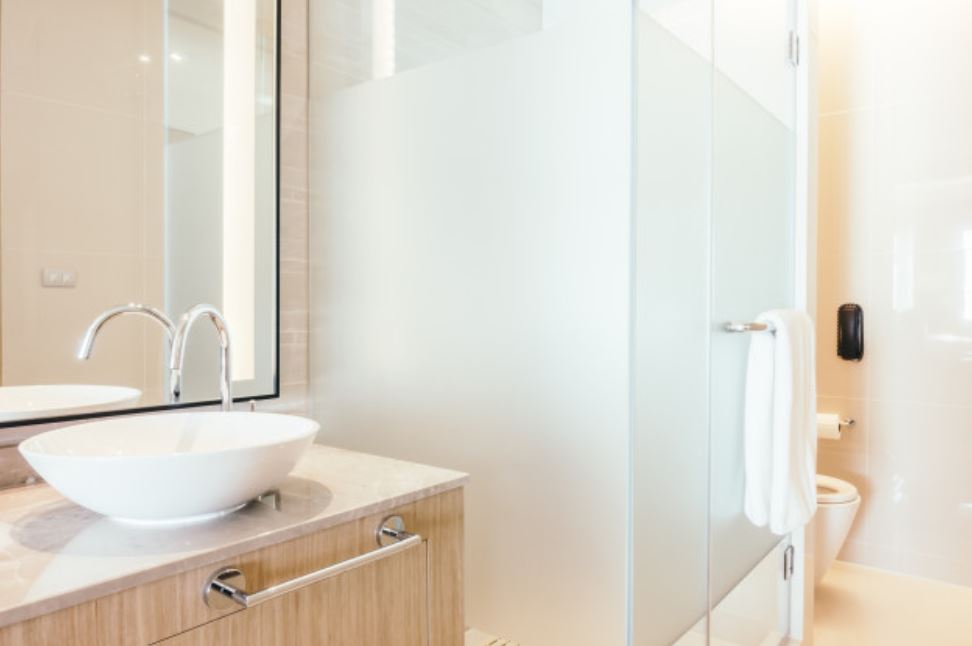 white bathroom shower screen ceramic basin mirror