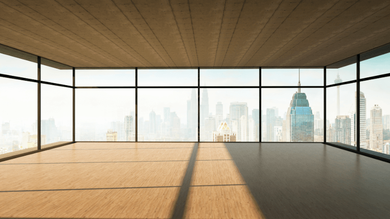 Engineered Wood Floor and Ceiling wood flooring, wood ceiling, background high-rise buildings