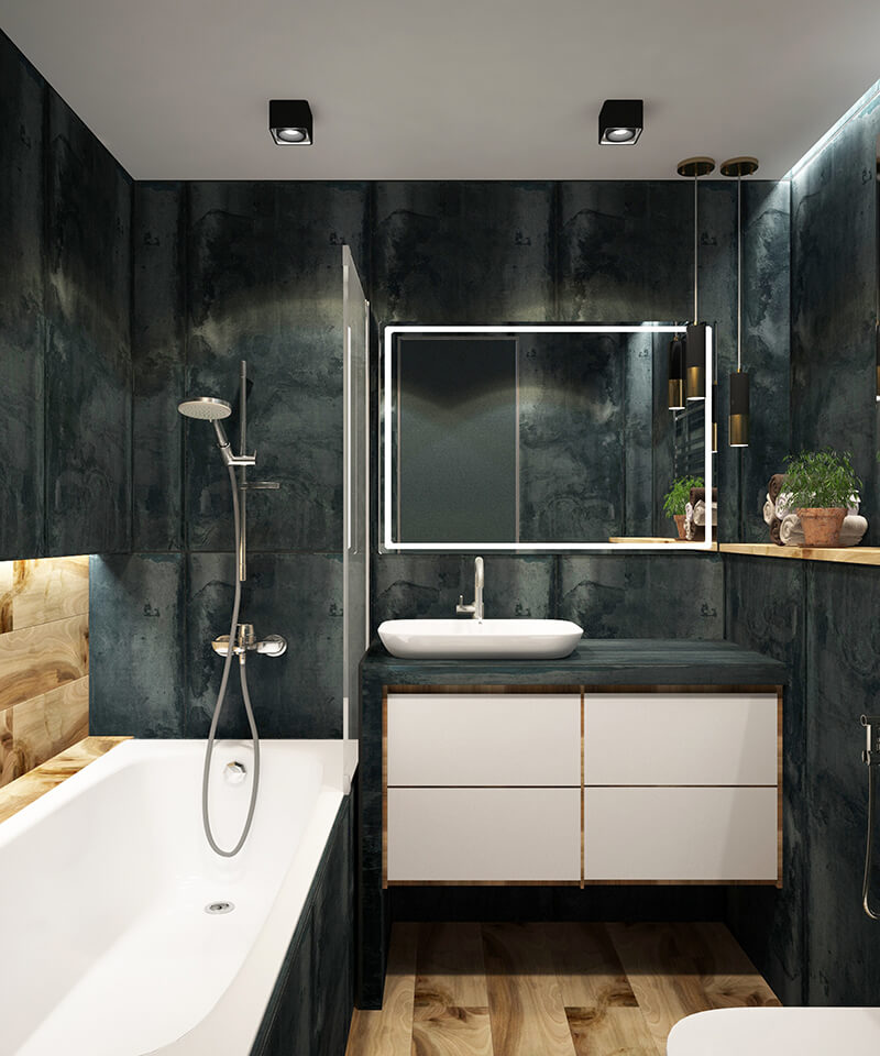 Black Bathroom with Wood Floor wood bathroom floor